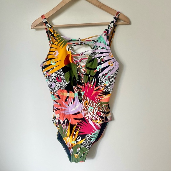 Bleu by Rod Beattie Run Wild Lace Down One Piece Tropical Floral Print Size 8 - Picture 4 of 10